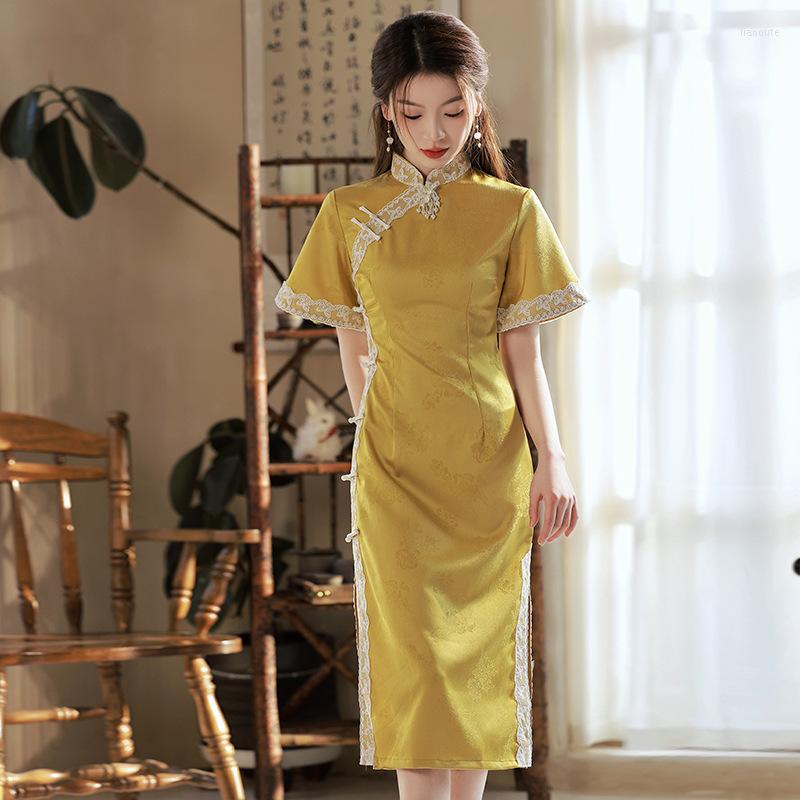 

Ethnic Clothing Summer Women Yellow Lace Long Cheongsam Slim Vintage Mandarin Collar Qipao Button Dresses