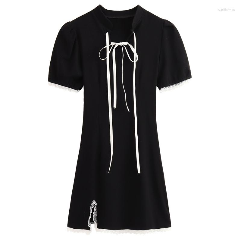 

Casual Dresses Sexy Puff Short Sleeve Dress Women Slim Belt Design Lace Stand Collar Summer Mini Sweet Korean Style Vestidos Mujer, Black