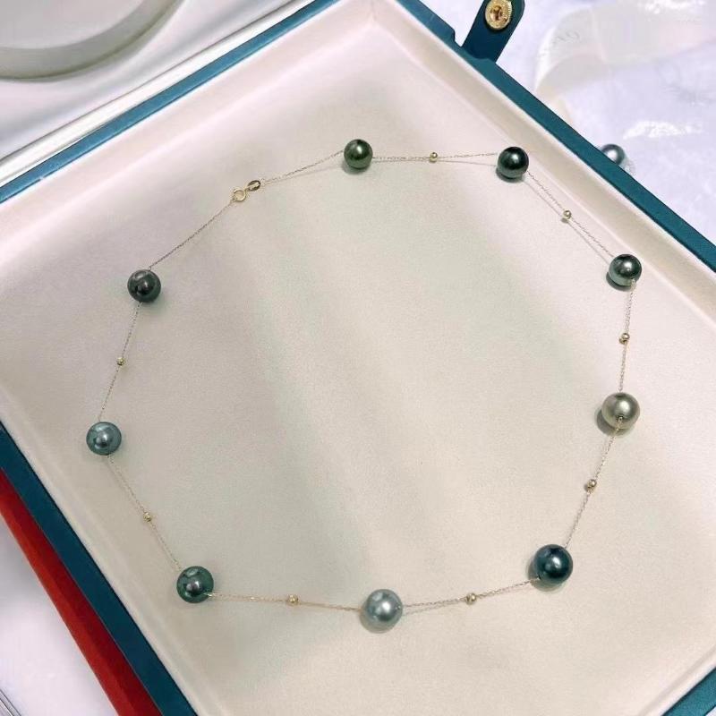 

Chains Elegant 18K Gold 9-10mm Black Pearl Necklace For Women Real Seawater Tahiti Round Fine Jewelry Gifts 2023