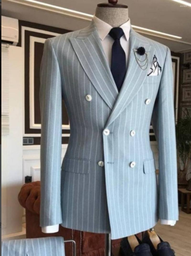 

Men's Suits Light Blue Double Breasted Striped Male Suit Jacket Blazer Trousers Men'S Sets Wedding Clothing Costume Homme 2pcs Pants