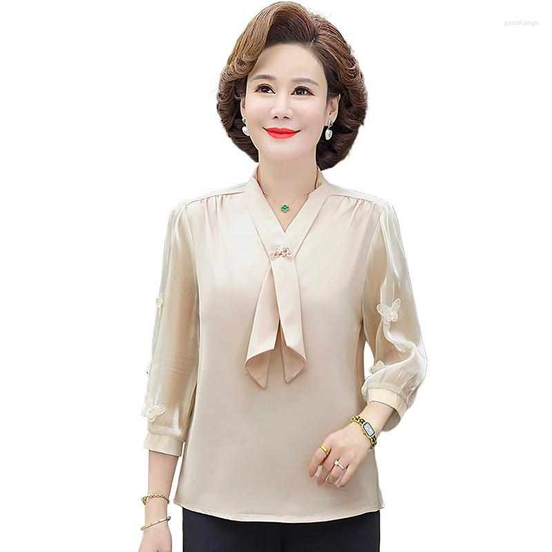 

Women's Blouses High-End Silk Vintage Shirts Women Spring And Summer Embroidery Butterfly 3/4 Sleeve Tie Ladies Casual Blusas, Beige