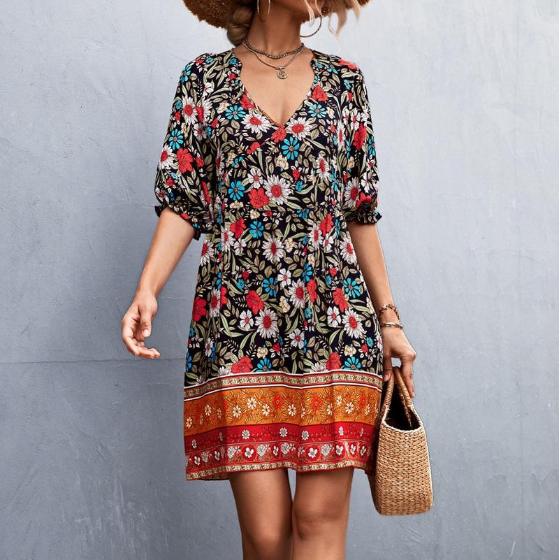 

Casual Dresses Floral Print Bohemian Dress Short Sleeve V-Neck Female Summer Boho A-Line Holiday Sundresses Women, Black