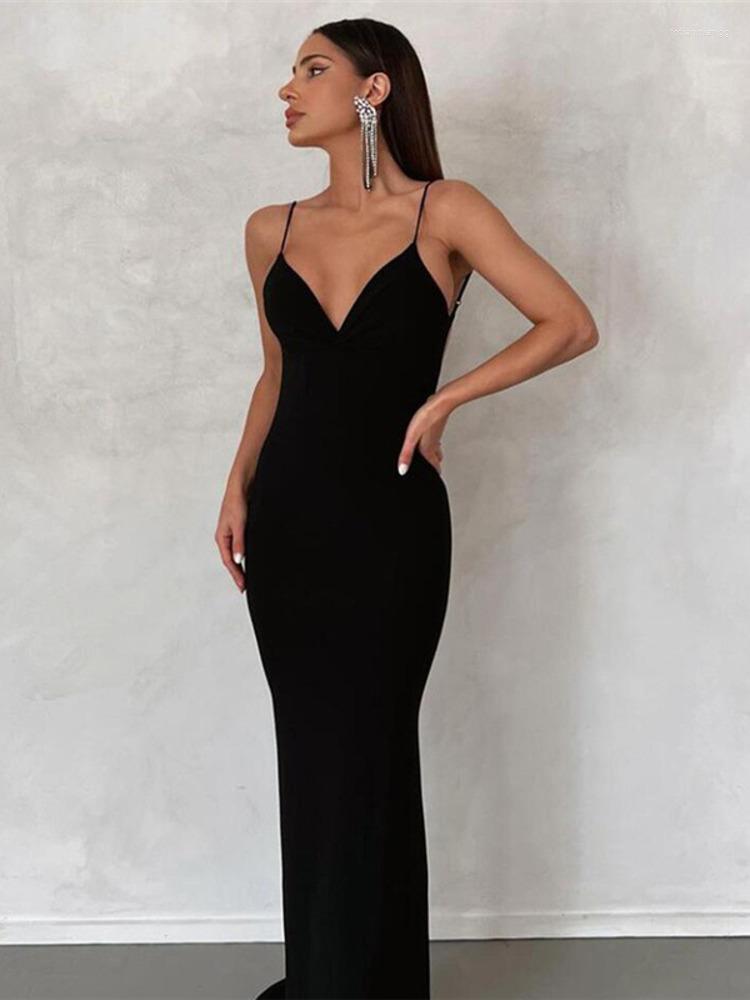 

Casual Dresses Mozision Spaghetti Strap Backless Maxi Dress For Women Sundress Off-shoulder Sleeveless Bodycon Night Club Party Long, Black