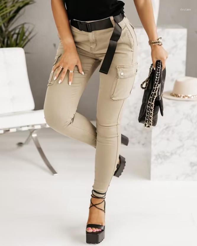 

Women' Pants Women' Medium Waist Button Solid Color Pocket Design Skinny Overalls Tight