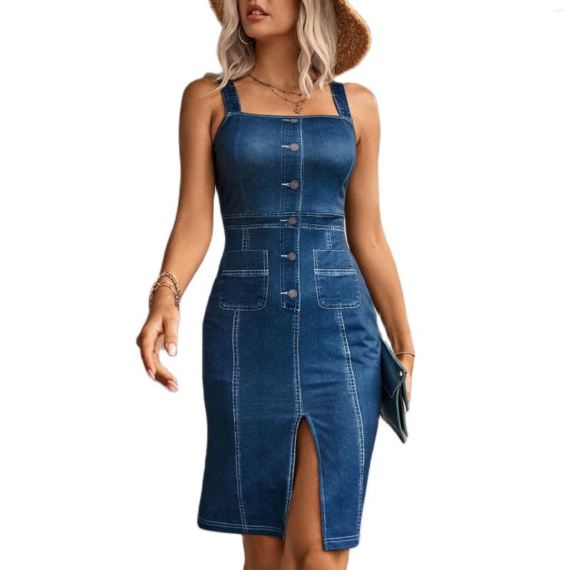 

Casual Dresses Fake Denim Female Dress Girl' Streetwear Pullover Robe Lady' Party Vestidos Women Slit Office