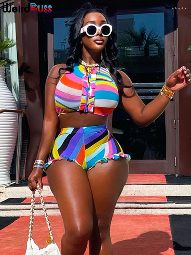 

Women's Tracksuits Weird Puss Colorful Ruffles 2 Piece Set Women Tracksuit Zipper Tank Tops Shorts Skinny Summer Trend Streetwear Matching