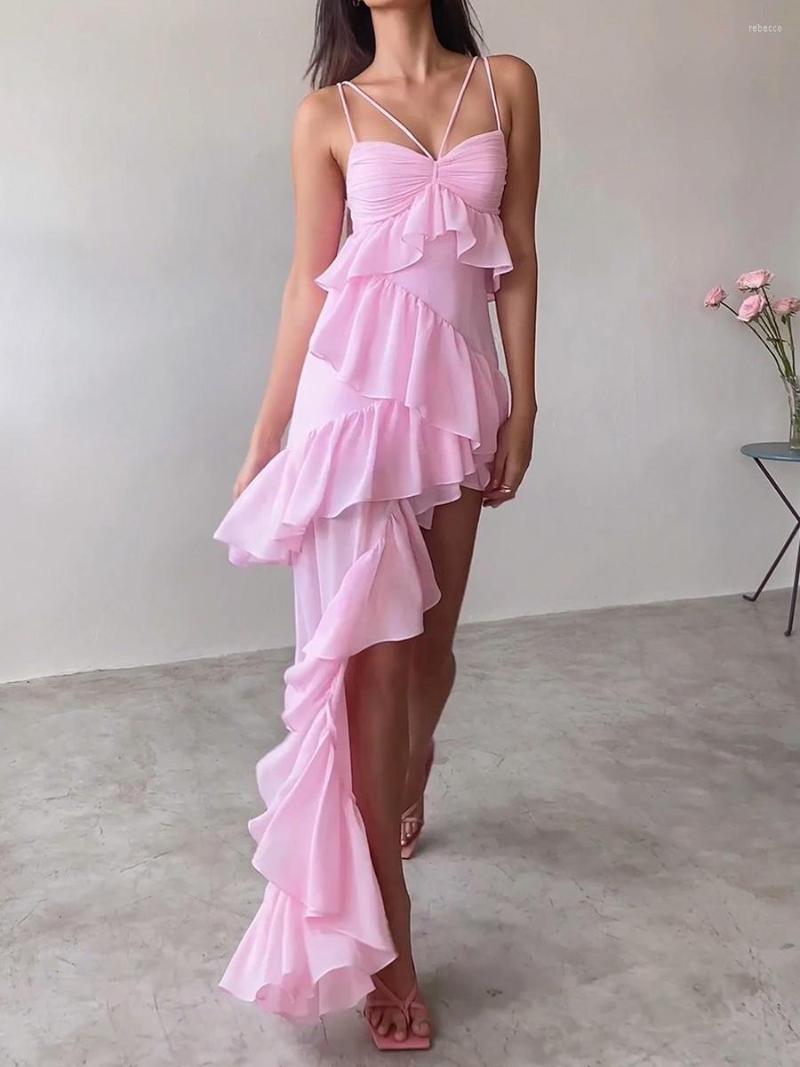 

Casual Dresses Luxury Women Designers Summer Slim Sling Pink Sleeveless Backless Hanging Neck Irregular Ruffle Dress Vestidos, Multi