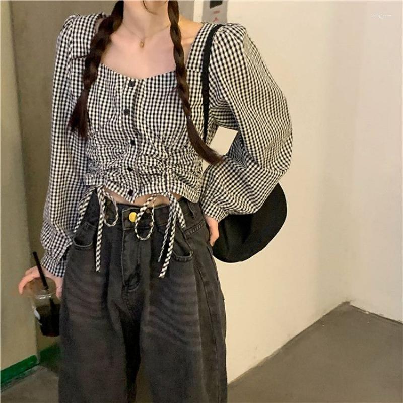 

Women' Blouses Deeptown Vintage Plaid Shirt Women Harajuku Korean Fashion Crop Top Long Sleeve Chic Preppy Blouse Youth Kawaii Cute, White
