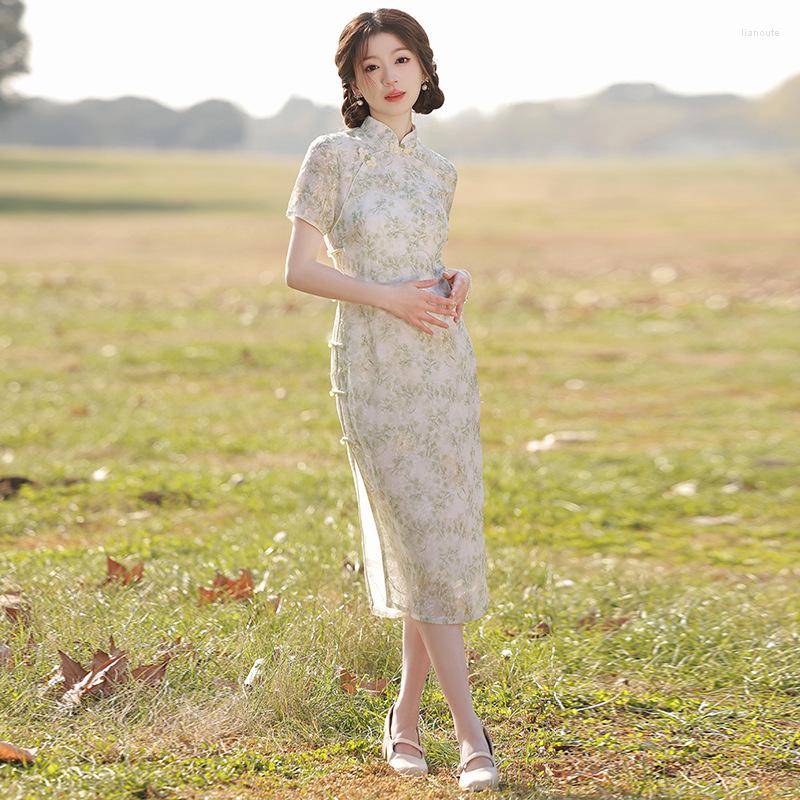 

Ethnic Clothing Traditional Embroidery Cheongsam Chinese Style Mandarin Collar Qipao Silm Short Sleeve Novelty Long Dress