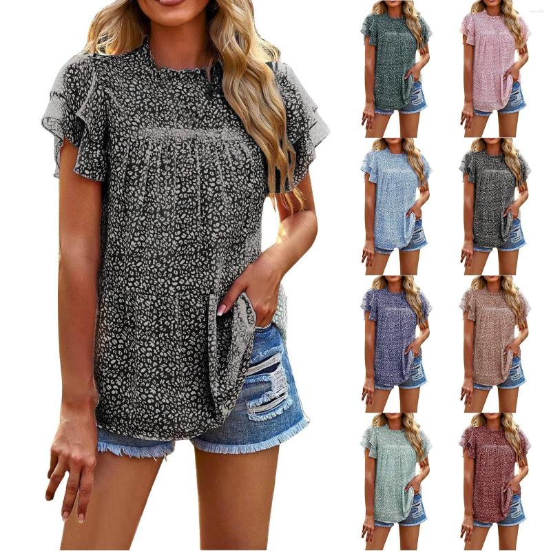 

Women' Blouses Women' Casual Summer Tops Ruffle Short Sleeve Mock Neck Fashion Floral Chiffon Blouse Shirts, Black