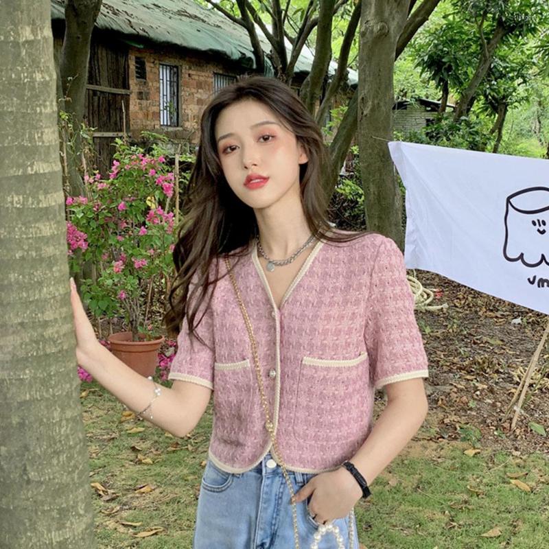 

Women's Blouses Vintage Fashion Summer Retro Short Korean Plaid Tweed Women Short-Sleeve Thin Shirt Female Elegant Crop Top, Blue