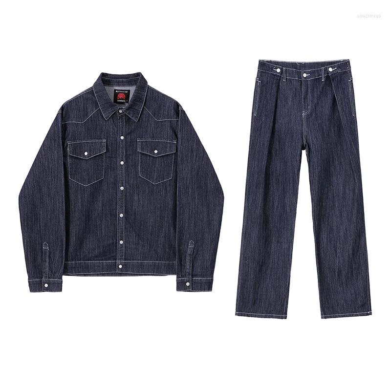 

Men's Tracksuits Men's Dark Blue Long Washed Jeans Denim Jacket Fashion Two Pieces Set