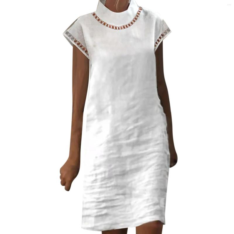 

Casual Dresses Solid Colour Ladies Short Sleeve Cotton Linen Dress, White