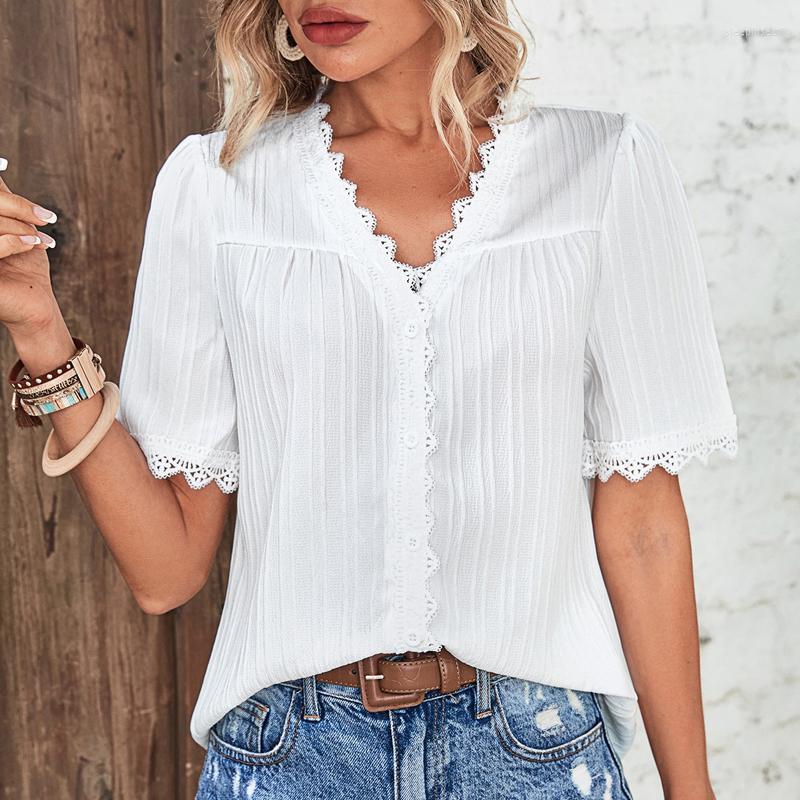 

Women' Blouses Elegant White Lace Blouse Women Summer Puff Sleeve Slim V-Neck Casual Shirt 2023 Single-breasted Fashion Tops Mujer 25717