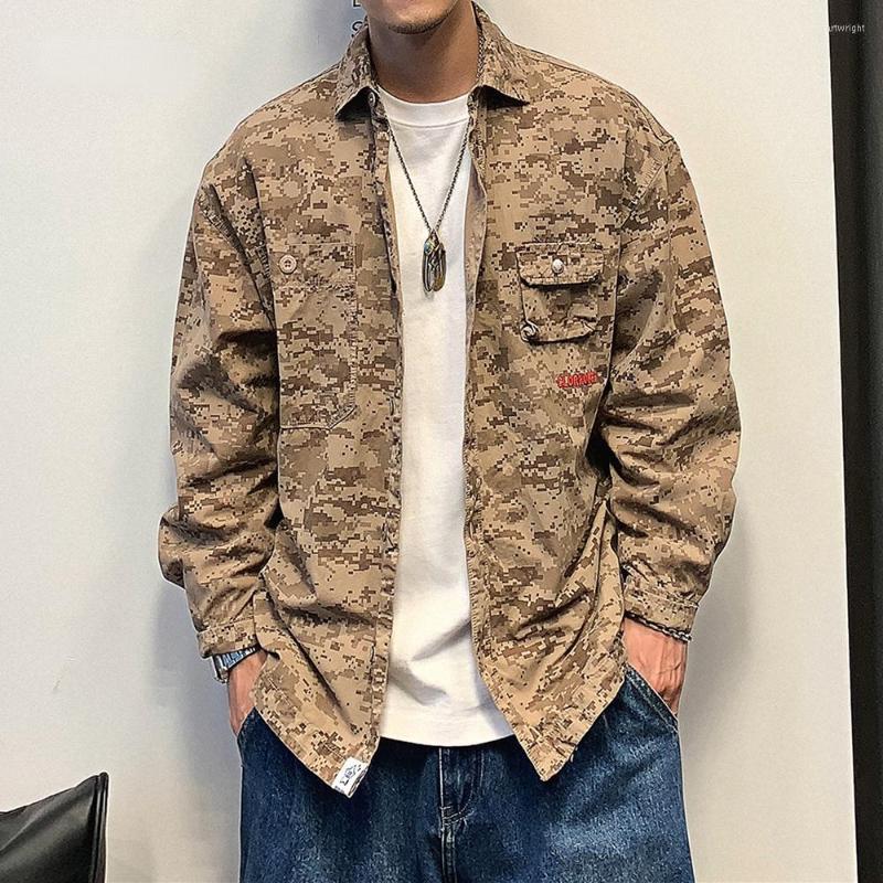 

Men's Casual Shirts Streetwear Retro Khaki Camouflage Cargo Shirt Men Clothing Harajuku Military Tactical Coat Tops, Camouflage khaki