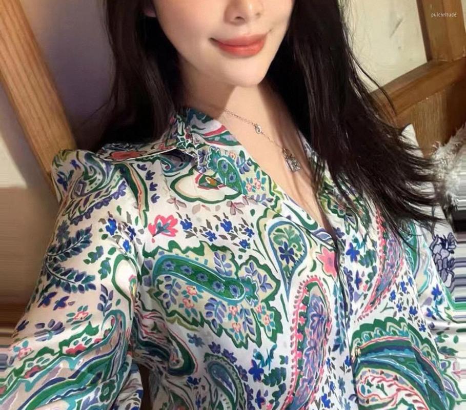 

Women' Blouses Women High-end Silk Cashew Printed Long Sleeve Lapel Blouse Shirt Top, Multi