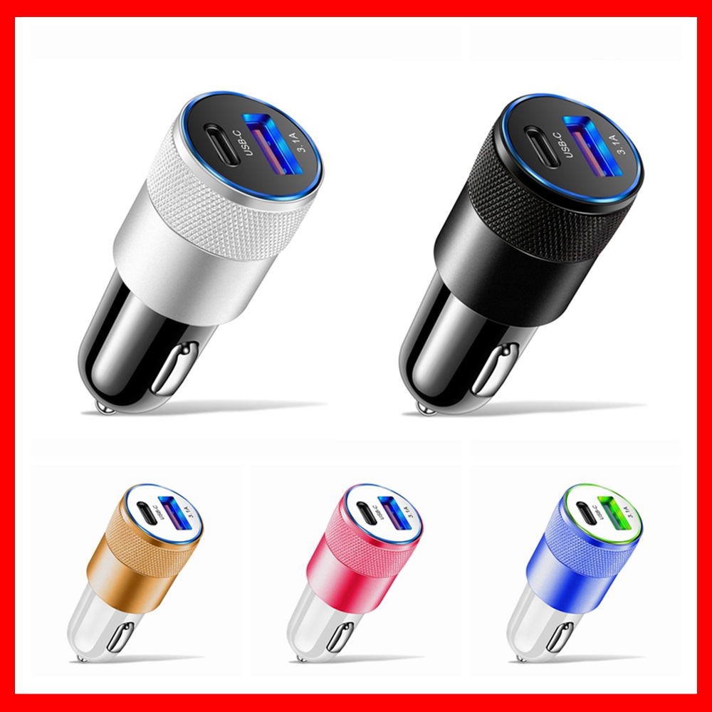 

New 3.1A USB+PD metal car charger one tow two Type-C aluminum alloy gun threaded car charger for mobile phone Car-Charge Car-Charger Car Charging Quick Charge Free ship, Same as the photo