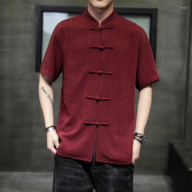 

Men's Casual Shirts Men's Summer Large Fat Shirt Loose Cotton And Linen Button Top Chinese Style Stand Collar Short-sleeved, Gray