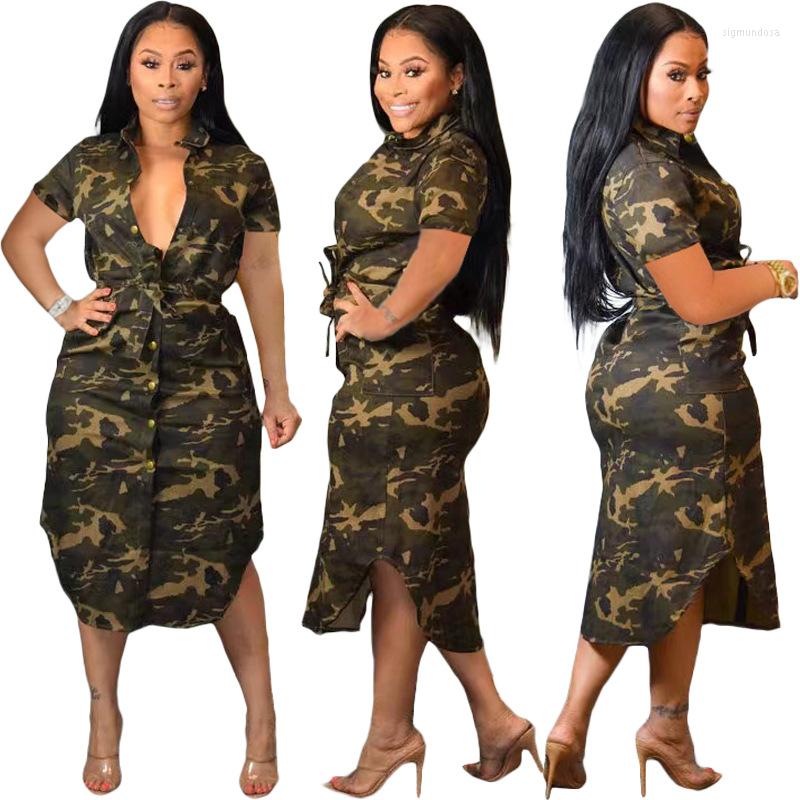 

Casual Dresses 2023 Women' Fashion Camouflage Lace-up Cardigan Pocket Irregular Street Long Dress, Army green