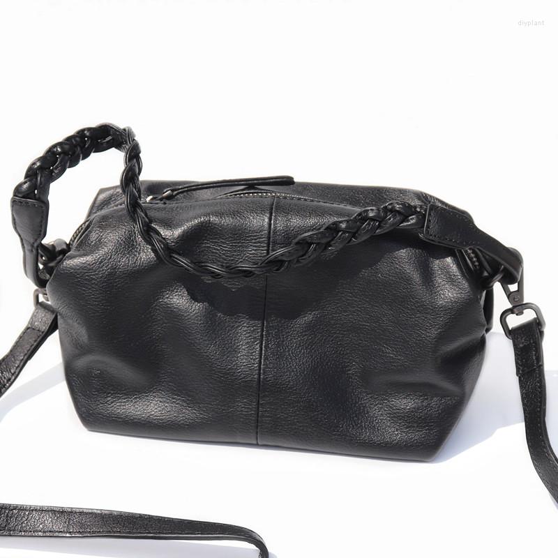 

Evening Bags 2023 Knitted Handle Design Handbags For Women Small Flap Genuine Cow Leather Bag Fashion Black Female Shoulder Crossbody Purses