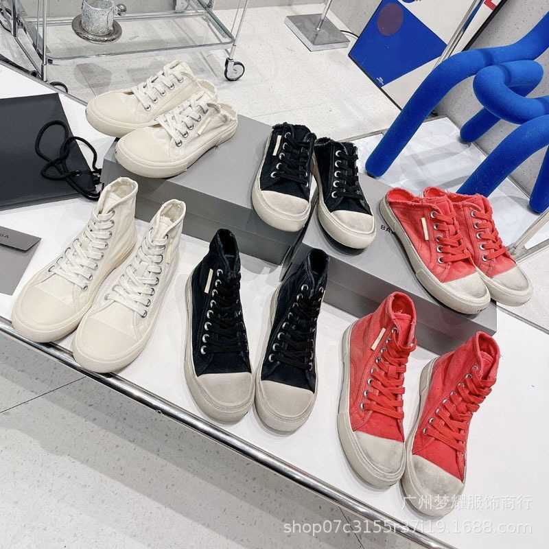 

old dirty shoes women's 2023 summer new Paris black high top canvas couple half slippers, White