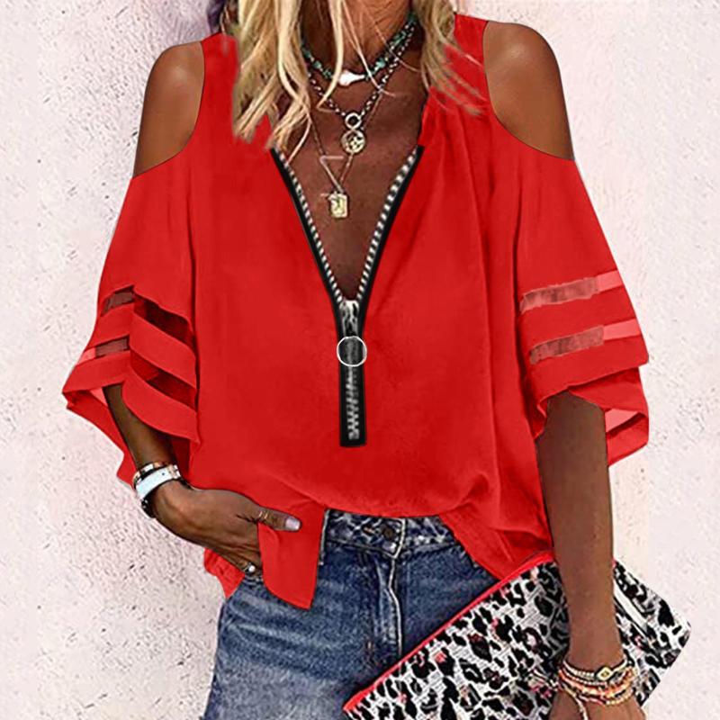 

Women's Blouses Summer Woman 2023 Loose Zipper Shirt Half Flared Sleeve Mesh Stitching Tunic Elegant Youth, Bu2