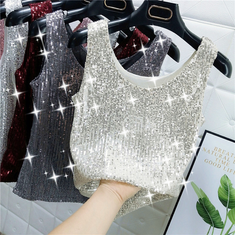 

Camisoles Tanks Sparkling Sequins Round Neck Vest Women's Outer Wear Summer Bright Silk Fashion Glitter Bottoming Shirt Suspender Top 230412, Apricot