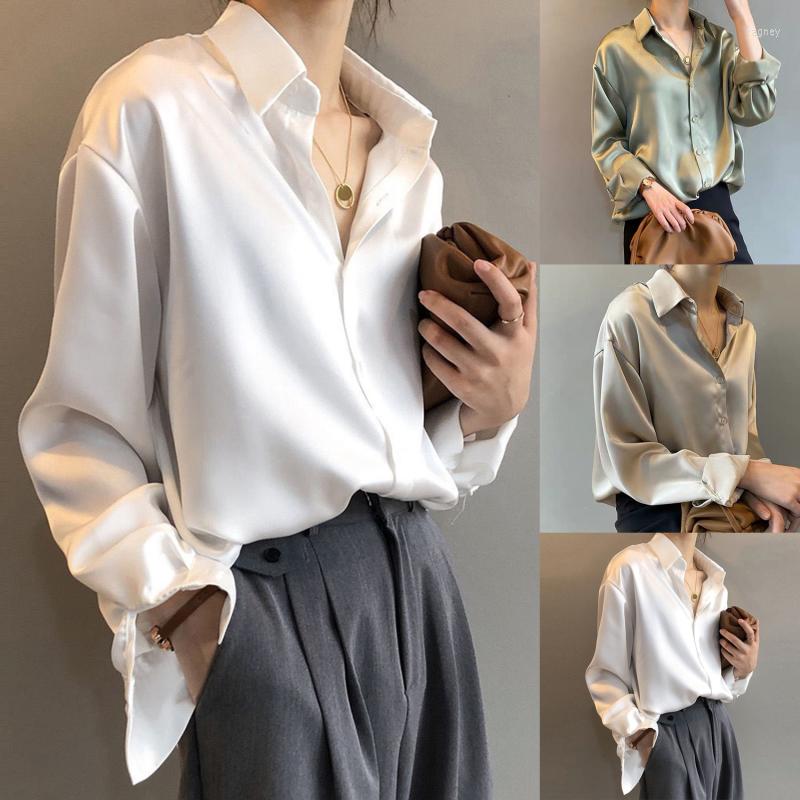 

Women' Blouses Autumn Fashion Button Up Satin Silk Shirt Vintage Blouse Women White Lady Long Sleeves Female Loose Street Shirts 2023