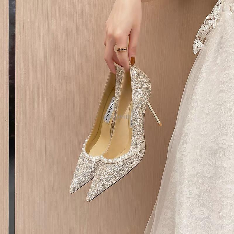 

Dress Shoes Pointed Top Stiletto Heel Pearl Ornament Wedding Shoe Women's High 2023 Korean Style Latest Design Large Size 42 Women, Gold