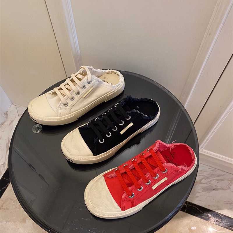 

High version made dirty and old canvas slippers for women's summer thin versatile breathable half with wrapped toe sals, Black