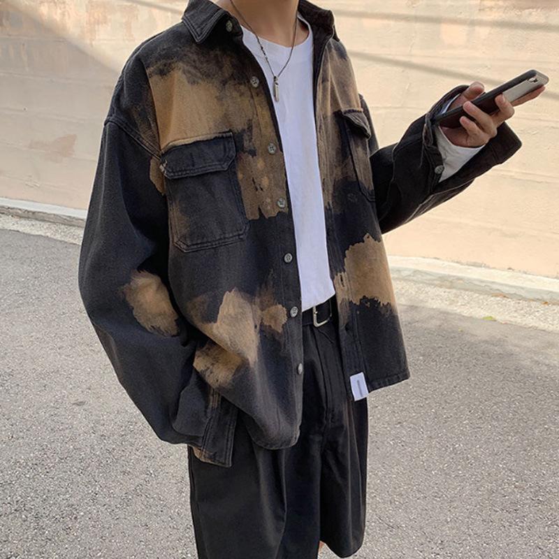 

Men's Jackets Tie Dye Cargo Jacket Men Koeran Style Lapel Coat Button Up Loose Casual Japanese Streetwear Autumn ClothesMen's, Gray