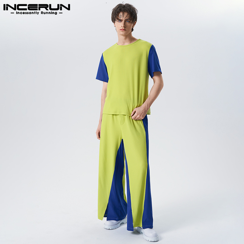 

Men's Tracksuits 2023 Sets Colorful Patchwork Loose Short Sleeve T Shirt Wide Leg Pants 2PCS Streetwear Fashion Men Casual Suits INCERUN 230413, Rose