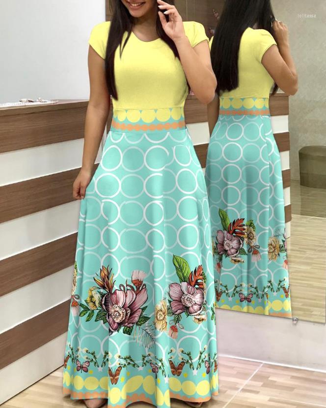 

Casual Dresses Elegant Women' Dress 2023 Summer Fashion Contrast Geometric Flower Print Short Sleeve And Maxi Set
