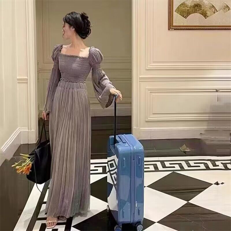 

Elegant spring and summer new grey women's casual travel dress with bubble sleeves French niche chiffon high waist long skirt /S-XL, Gray