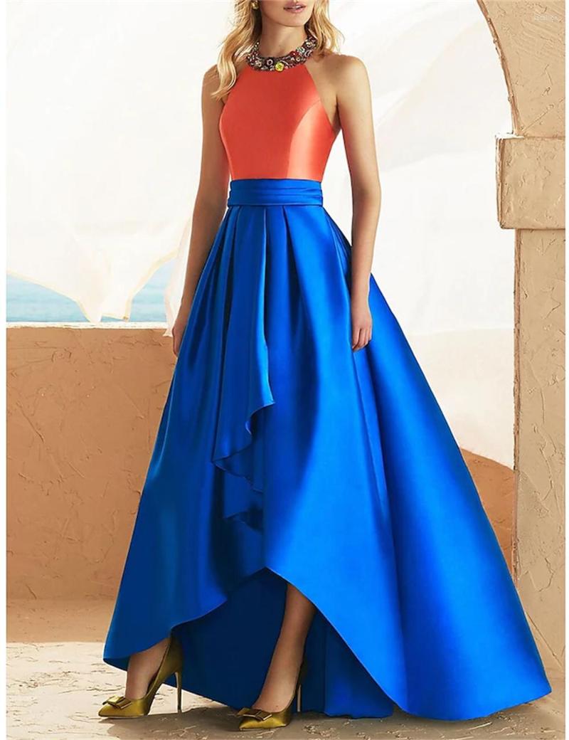 

Party Dresses Contrast Color Prom Dress A-Line Beautiful Backless Sexy Wedding Guest Halter Neck Sleeveless Satin With Beading Appliques, As photo