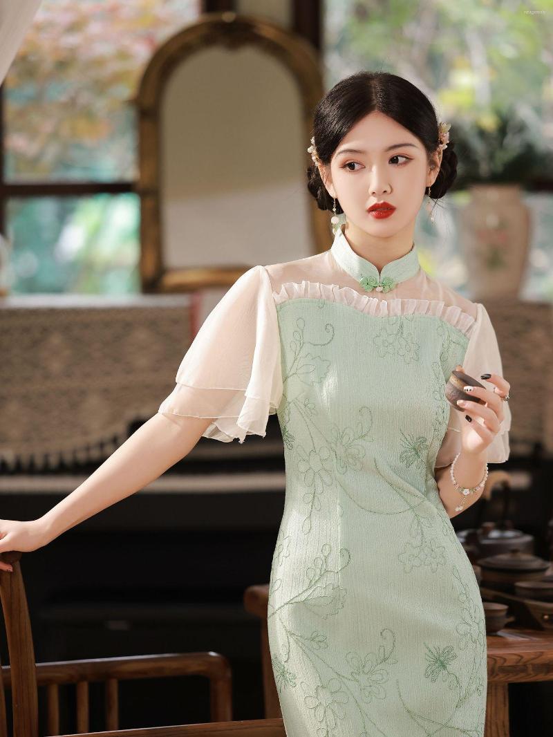 

Ethnic Clothing Women Chinese Style Green Embroidery Fishtail Cheongsam Retro Elegant Short Sleeve Qipao Vestido Summer