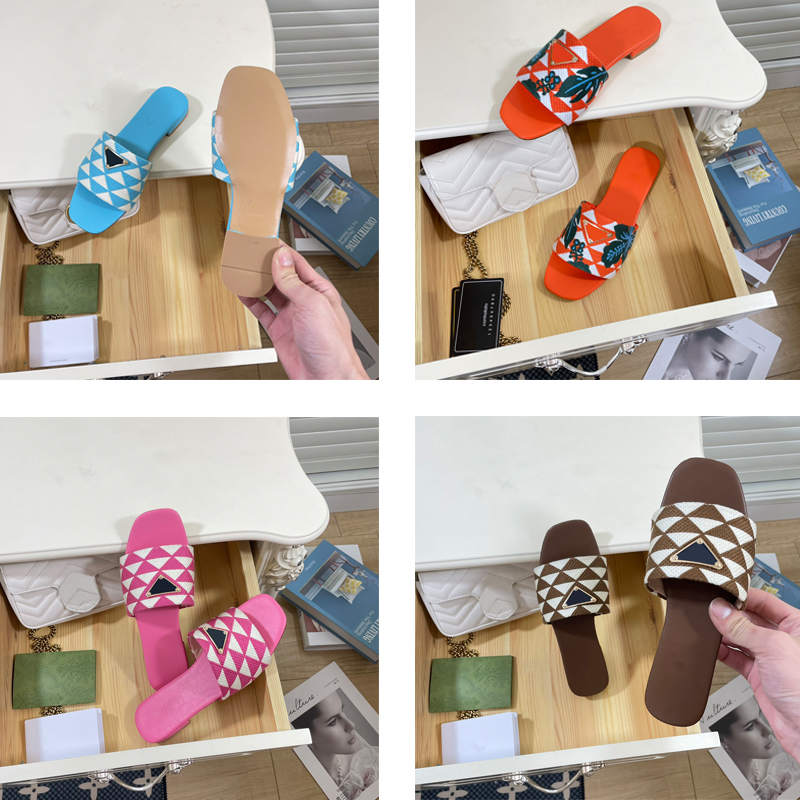 

With Box Embroidered Fabric Slides Slippers Black Beige Embroidery Mules Womens Home Flip Flops Casual Sandals Summer Flat Slide Rubber Sole