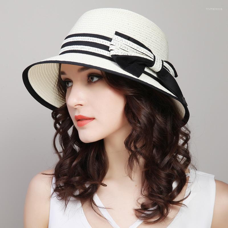 

Wide Brim Hats Bow Basin Hat Boater For Women Summer Sun Straw Foldable Beach Travel Visor Cap Hair Accessories, White