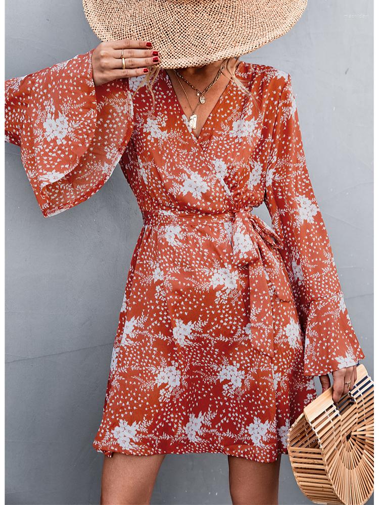 

Casual Dresses Floral Summer Dress Women 2023 Spring Lace-up Waist V-neck Flare Long Sleeve Holiday Beach Vacation Vestidos, Apricot
