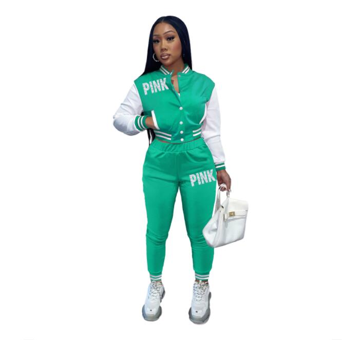 

Women Sportswear Tracksuits Baseball Uniform 2 Piece Set PINK Letter Print Jacket Coat + Pants Tracksuit Spring Fashion Clubwear, 08
