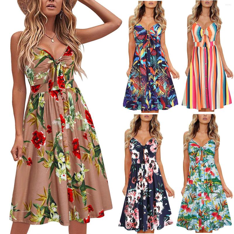 

Casual Dresses Lace Bow L Sling Flower Dress Dyed Ladies Halter Tie V-neck Floral Women, Khaki