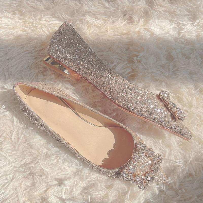 

Dress Shoes Women Low Heel Wedding 2023Bling Rhinestone Flats Ladies Sequins Show Wo Bridesmaid Maternity Banquet Single ShoesW, Silver