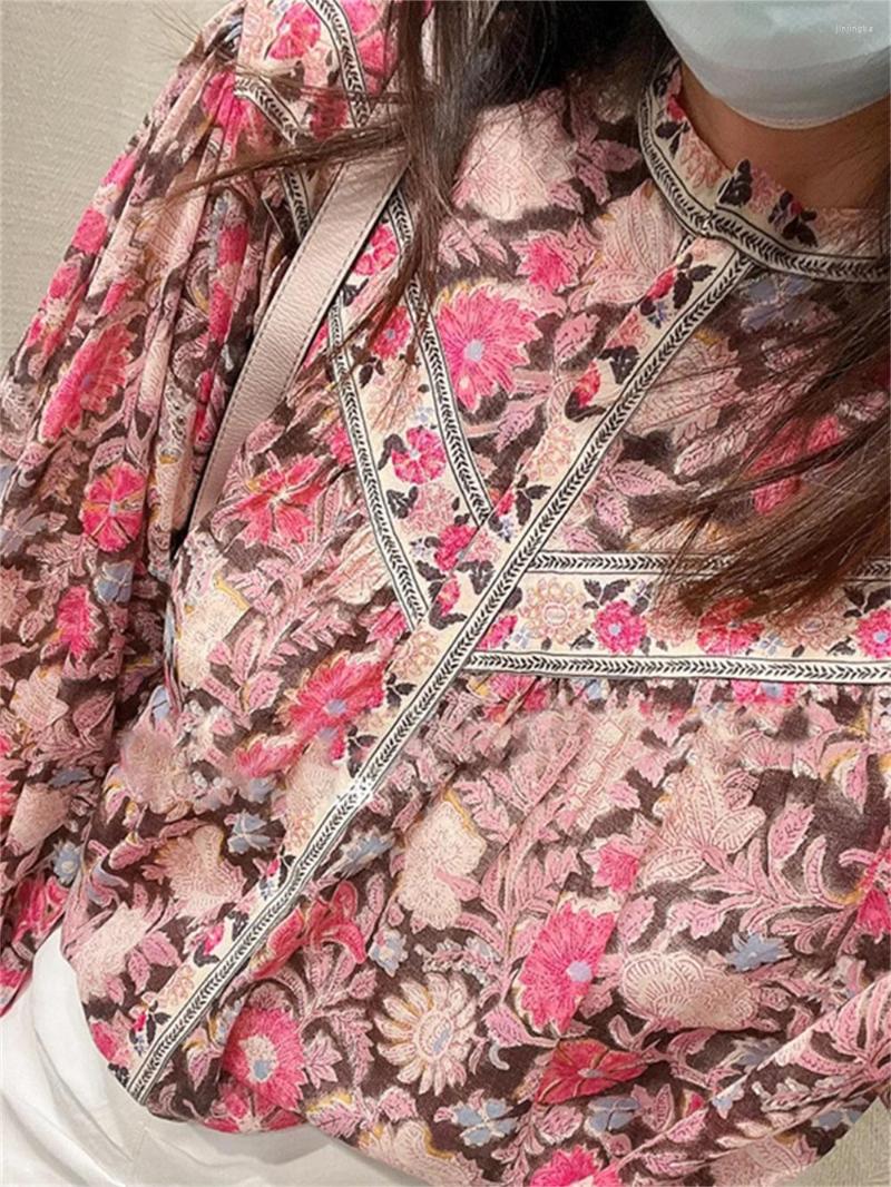 

Women' Blouses 2023 Spring Summer Women Covered Buttons Shirt Colorful Floral Printing O-neck Vintage Chemise Female Long Sleeve Blouse