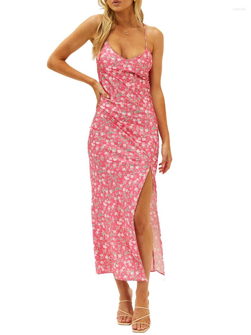 

Casual Dresses Women Spaghetti Strap Long Dress Summer Floral Print Backless Slit Fashion Party For Beach Cocktail Nightclub, Rose red