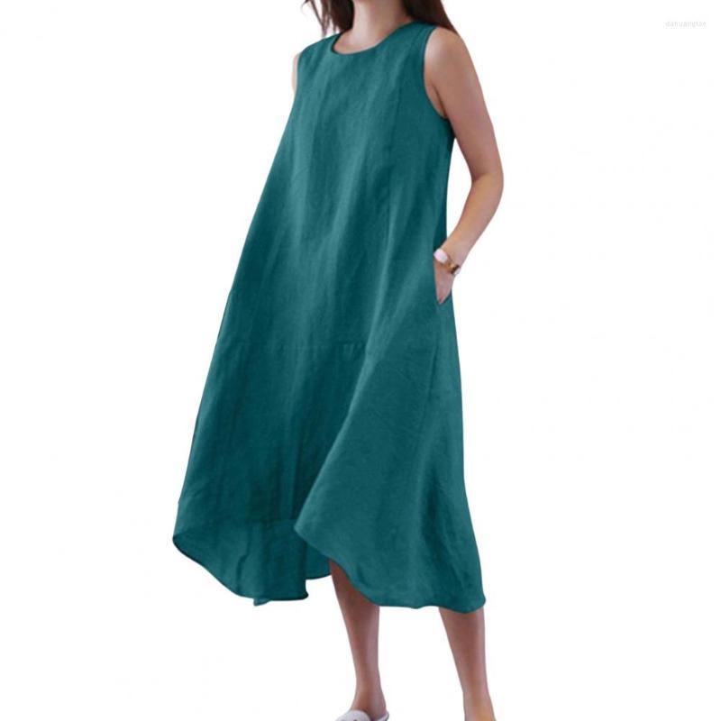 

Casual Dresses Women Summer Dress Loose Sleeveless Solid Color Pullover Irregular Hem Daily Wear Pockets Plus Size Lady Vest Clothe, Blue