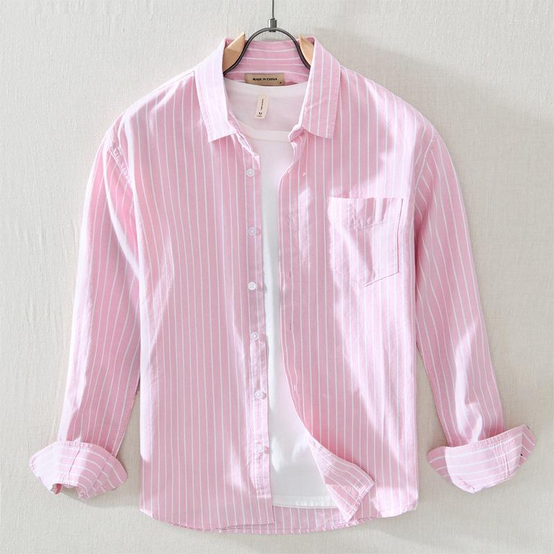 

Men's Casual Shirts 2023 Summer Pink Stripe Men's Long Sleeve Pure Cotton Oversized Korean Clothing Fashion Male Blouses Tops M-3XL
