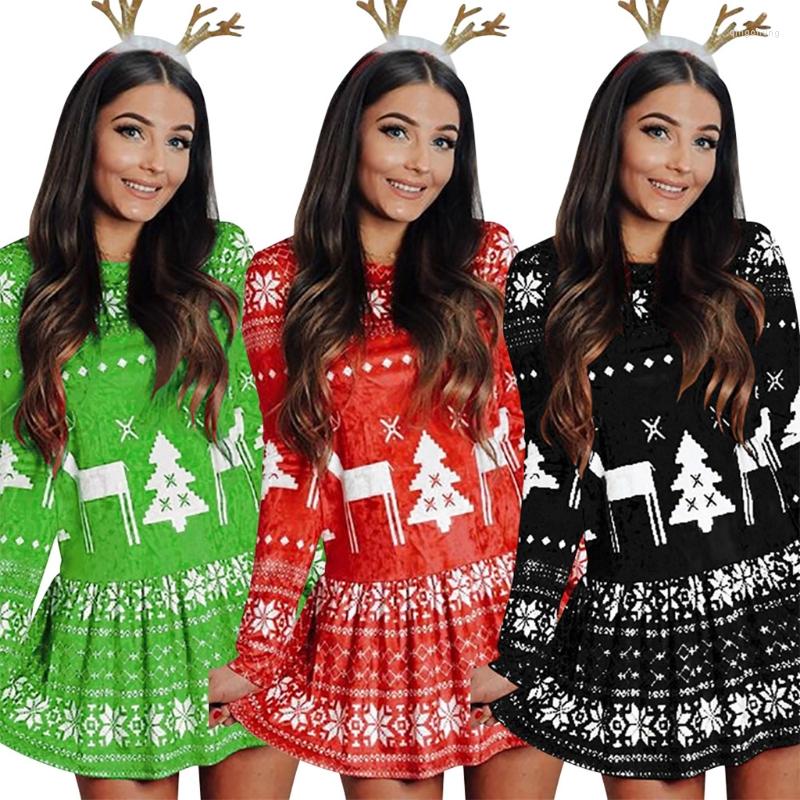

Casual Dresses Women Christmas Printed Long Sleeve Dress Autumn Summer Female Slim Fit Sundress 10CD, Red