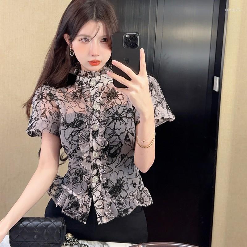

Women's Blouses Sexy Perspective Blouse Tops Female 2023 Korean Fashion Ruffles Stand Collar Short Sleeve Slim Flowers Chiffon Shirt Clothes, Photo color