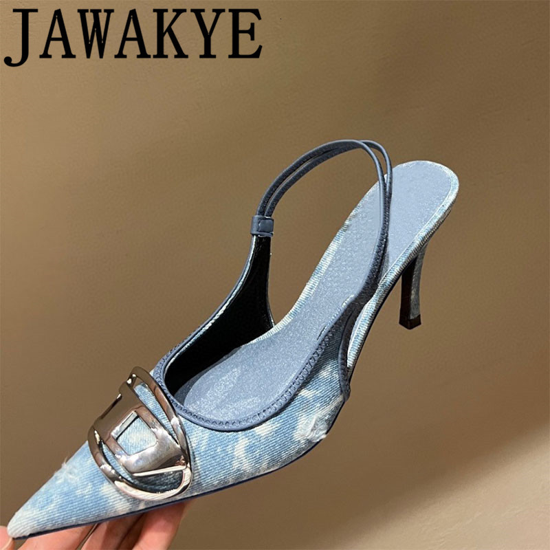 

Dress Shoes Designer Brand High Heels Denim Blue Kitten Heel Slingbacks Pointy Toe Formal Dress Shoes Women Metal Decor Runway Party Shoes 230412, Black