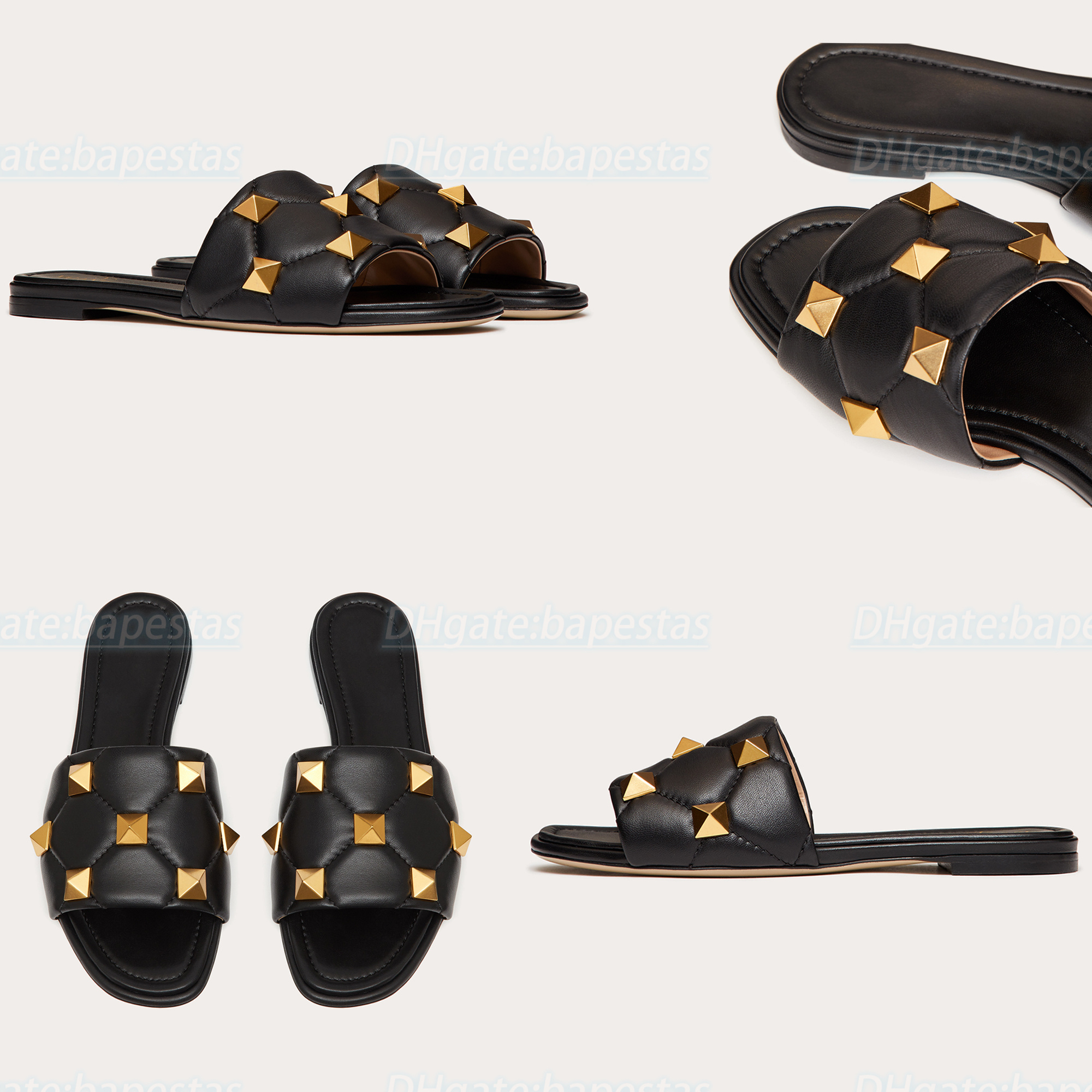 

Summer beach Outdoor Fashion sexy womens slide designer ROMAN STUD quilted nappa leather slipper confort flat rivet sandal, #3